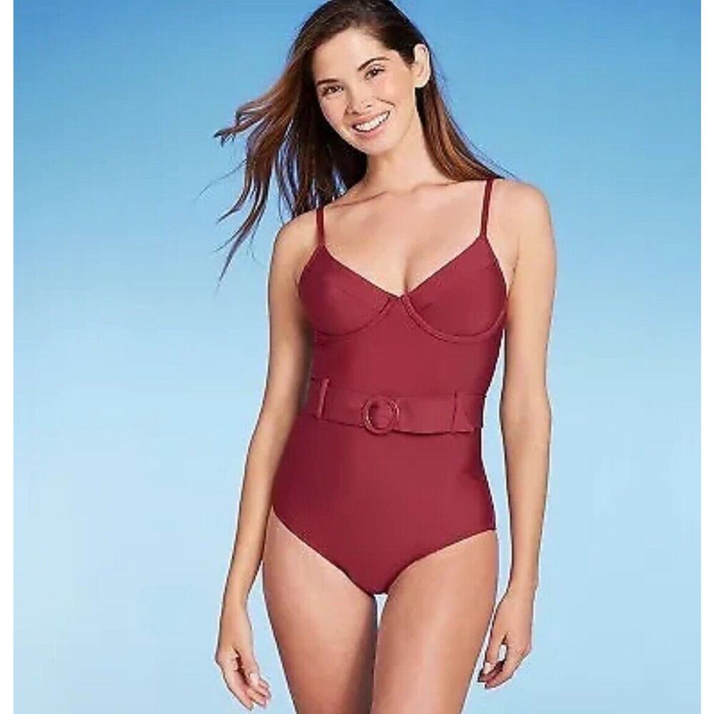 Shade & Shore Underwire Belted One Piece Swimsuit -Red Women's S NWT